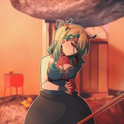 Rule 34 | 1girl, antlers, braid, braided bangs, breasts, ceres fauna, cleavage, closed eyes, closed mouth, collarbone, earrings, facing away, getting over it, green hair, hair over one eye, highres, hololive, hololive english, horns, jewelry, large breasts, long hair, looking at viewer, mole, mole under eye, outdoors, ryou sakai, single braid, solo, sunset, virtual youtuber