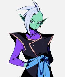 1boy 9ta500 arms_behind_back blue_sash colored_skin dragon_ball dragon_ball_super earrings expressionless green_skin grey_eyes highres jewelry long_sleeves looking_to_the_side mohawk pointy_ears potara_earrings purple_shirt sash shirt short_hair solo white_background white_hair zamasu