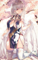 Rule 34 | 1girl, azur lane, bad id, bad twitter id, blush, braid, branch, breast curtains, breasts, cherry blossoms, china dress, chinese clothes, cleavage, commentary request, dress, garter straps, gloves, grey dress, grey hair, hair between eyes, half gloves, high heels, highres, kneeling, large breasts, legs, neckwear between breasts, official alternate costume, open mouth, pelvic curtain, red eyes, revealing clothes, shibaebi (yasaip game), short hair, side braid, side slit, sideboob, sirius (azur lane), sirius (azure horizons) (azur lane), solo, thighhighs, thighs, white footwear, white gloves, white thighhighs