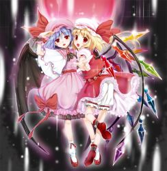 Rule 34 | 2girls, :d, bat wings, blonde hair, bloomers, blue hair, blush, bow, brooch, capelet, crystal, flandre scarlet, frilled skirt, frills, full body, hat, hat ribbon, jewelry, kojima saya, looking at viewer, mob cap, multiple girls, open mouth, puffy short sleeves, puffy sleeves, red bow, red eyes, red footwear, red ribbon, remilia scarlet, ribbon, shoes, short sleeves, siblings, side ponytail, sisters, skirt, skirt set, smile, touhou, underwear, white legwear, wings, wrist cuffs