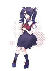 Rule 34 | 1girl, ame-chan (needy girl overdose), black footwear, black hair, black ribbon, black skirt, black socks, collared shirt, commentary request, cup, disposable cup, full body, hair ornament, hair over one eye, highres, holding, holding cup, invisible chair, long hair, looking at viewer, neck ribbon, needy girl overdose, open mouth, purple eyes, red shirt, ribbon, shirt, shoes, sitting, skirt, socks, solo, suspender skirt, suspenders, tonabe, twintails, x hair ornament