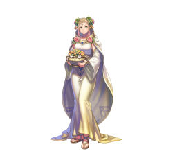 Rule 34 | 1girl, absurdres, anbe yoshirou, blonde hair, breasts, cape, circlet, commentary request, dress, fire emblem, fire emblem heroes, flower pot, full body, gold trim, gradient clothes, gradient hair, hair ornament, henriette (fire emblem), highres, long dress, medium breasts, multicolored hair, nintendo, official art, pink hair, sandals, simple background, toes, white background, wide sleeves