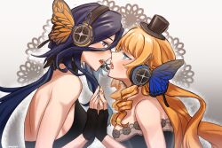 Rule 34 | 2girls, absurdres, bare shoulders, black dress, black gloves, blonde hair, blue eyes, blue nails, blush, brown nails, clorinde (genshin impact), commentary, dress, drill hair, eye contact, fingerless gloves, genshin impact, gloves, hand on another&#039;s hand, hat, headphones, highres, kei (hasukeii), lace, lace-trimmed dress, lace trim, long hair, looking at another, lower teeth only, magnet (vocaloid), microphone, mini hat, mini top hat, multiple girls, nail polish, navia (genshin impact), open mouth, purple eyes, purple hair, strapless, strapless dress, symbol-only commentary, teeth, top hat, upper body, upper teeth only, vocaloid, white background, yuri