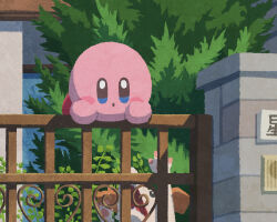 Rule 34 | blue eyes, blush stickers, day, dog, gate, grass, kirby, kirby (series), looking at viewer, miclot, nintendo, no humans, open mouth, outdoors, pink footwear, shoes, tree