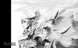 Rule 34 | akisada, androgynous, armor, bad id, bad pixiv id, earrings, fantasy, gender request, greyscale, jewelry, monochrome, original, solo, wings