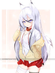 Rule 34 | 1girl, absurdres, animal ears, arm behind back, bad id, bad pixiv id, bandaged leg, bandages, cellphone, character request, collar, copyright request, fantasy, hand in own hair, highres, hood, hoodie, long hair, looking at viewer, phone, purple eyes, serious, shirt, simple background, smartphone, tail, thighhighs, white hair, white shirt, wolf ears, wolf tail, yeosi