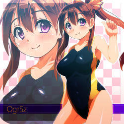 Rule 34 | 1girl, bad id, bad pixiv id, brown hair, competition swimsuit, higa, long hair, one-piece swimsuit, original, ponytail, purple eyes, swimsuit, zoom layer