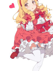Rule 34 | :o, blonde hair, blush, bow, brown hair, clothes lift, dress, eromanga sensei, frilled dress, frills, hairband, heart, highres, leg up, lolita fashion, long hair, looking at viewer, ogipote, red bow, skirt, skirt lift, solo, standing, standing on one leg, thighhighs, white thighhighs, yamada elf