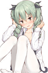 Rule 34 | 10s, 1girl, anchovy (girls und panzer), black ribbon, black skirt, blush, bra, bra peek, breasts, cleavage, collarbone, collared shirt, crotch seam, drill hair, feet out of frame, girls und panzer, hair ribbon, hands up, knees up, long sleeves, looking at viewer, medium breasts, mikazuchi zeus, miniskirt, no shoes, open clothes, open shirt, panties, panties under pantyhose, pantyhose, parted lips, pink bra, pink panties, ribbon, shirt, simple background, skirt, smile, solo, twin drills, twintails, underwear, upskirt, white background, white pantyhose, white shirt, wing collar