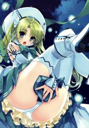 Rule 34 | 1girl, :o, absurdres, bare shoulders, blue eyes, blush, boots, bow, cloud, comic aun, covering privates, covering crotch, detached sleeves, from below, green hair, hat, high heels, highres, misaki kurehito, night, night sky, open mouth, panties, pleated skirt, scan, shoes, skirt, sky, solo, tears, thighhighs, thighs, twintails, underwear, white panties, white thighhighs