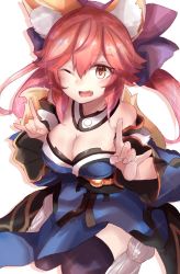 Rule 34 | 10s, 1girl, absurdres, animal ears, breasts, cleavage, double v, fang, fate/extra, fate (series), highres, large breasts, long hair, one eye closed, open mouth, pink eyes, pink hair, ranf, smile, solo, tail, tamamo no mae (fate/extra), thighhighs, v