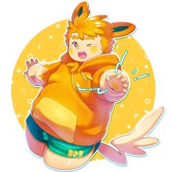Rule 34 | 1boy, animal ears, blush, bulge, creatures (company), cropped legs, fat, fat man, furry, furry male, game freak, highres, hood, hoodie, male focus, mouse boy, mouse ears, mouse tail, nintendo, obese, one eye closed, open mouth, orange hair, orange hoodie, pawmi, personification, pokemon, reaching, reaching towards viewer, short hair, short shorts, shorts, smile, solo, tail, thick eyebrows, yunosuke
