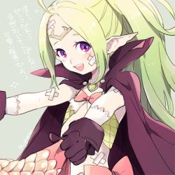 Rule 34 | 1girl, bandaid, bandaid on arm, bandaid on face, black gloves, bow, circlet, fire emblem, fire emblem awakening, gloves, green hair, grey background, guttary, long hair, nintendo, nowi (fire emblem), open mouth, pink bow, pointy ears, ponytail, purple eyes, simple background, solo