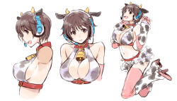 Rule 34 | 10s, 1girl, animal ears, animal print, bell, breasts, brown eyes, brown hair, cleavage, collar, cow ears, cow horns, cow print, cowbell, frilled skirt, frills, headset, horns, idolmaster, idolmaster cinderella girls, large breasts, morihito, neck bell, oikawa shizuku, pink thighhighs, short hair, sideboob, skirt, thighhighs