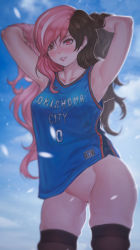 Rule 34 | 1girl, absurdres, armpits, arms behind head, arms up, artist name, backlighting, bare arms, basketball uniform, black thighhighs, blue tank top, blurry, blush, bokeh, bottomless, breasts, brown eyes, brown hair, censored, clothes writing, collarbone, contrapposto, cosplay, cowboy shot, depth of field, emblem, female focus, grin, hair between eyes, hair flip, hands in hair, heterochromia, highres, jersey, kuon (kwonchanji), lipstick, long hair, looking at viewer, makeup, matching hair/eyes, medium breasts, mosaic censoring, multicolored hair, national basketball association, neo politan, nose blush, oklahoma city thunder, outdoors, parted lips, photoshop (medium), pink eyes, pink hair, pink lips, pussy, russell westbrook, russell westbrook (cosplay), rwby, signature, skindentation, sky, smile, solo, split-color hair, sportswear, standing, streaked hair, sweat, swept bangs, tank top, thighhighs, thighs, two-tone hair, uniform, wavy hair