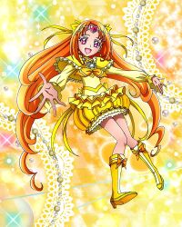 Rule 34 | 1girl, boots, bubble skirt, choker, cure muse, cure muse (yellow), frills, highres, long hair, long sleeves, neckerchief, official art, open mouth, orange hair, parted bangs, pink eyes, precure, precure connection puzzlun, shirabe ako, skirt, smile, solo, suite precure, third-party source, very long hair, yellow choker, yellow footwear, yellow neckerchief