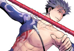 Rule 34 | 1boy, blue hair, collarbone, crescent, crescent necklace, cu chulainn (fate), cu chulainn (fate/stay night), cu chulainn (second ascension) (fate), earrings, fate/grand order, fate (series), gae bolg (fate), igote, jewelry, kassan (kassan 5a), looking away, male focus, muscular, necklace, official alternate costume, pectorals, red eyes, simple background, solo, topless male, upper body, white background