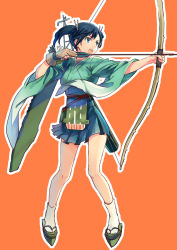 Rule 34 | 10s, 1girl, armor, arrow (projectile), black hair, bow (weapon), gloves, hair between eyes, hair ribbon, holding, holding bow (weapon), holding weapon, japanese clothes, kantai collection, machinery, open mouth, orange background, partially fingerless gloves, partly fingerless gloves, personification, ribbon, sandals, simple background, single glove, solo, souryuu (kancolle), twintails, weapon, yugake, yurossan