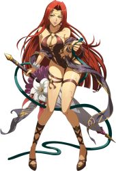 Rule 34 | 1girl, breasts, brown footwear, brown one-piece swimsuit, brown ribbon, casual one-piece swimsuit, cleavage, collarbone, covered navel, floating hair, full body, gluteal fold, hair intakes, headband, high heels, highres, holding, holding shoes, hose, langrisser, langrisser iii, large breasts, leg ribbon, long hair, looking at viewer, official art, one-piece swimsuit, parasol, parted lips, pumps, purple lips, red hair, ribbon, sash, shiny skin, shoes, sideboob, solo, standing, straight hair, swimsuit, thigh gap, thigh ribbon, transparent background, umbrella, varna (langrisser iii), very long hair, white headband, yellow eyes