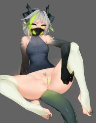 Rule 34 | 1girl, bare arms, bare shoulders, bottomless, claws, colored pussy, commentary, dragon girl, eyeshadow, green eyes, green eyeshadow, green hair, green pussy, grey background, grey hair, highres, horns, looking at viewer, makeup, mask, mouth mask, multicolored hair, multiple horns, nail polish, original, pointy ears, pussy, ricegnat, scathe (ricegnat), short hair, simple background, solo, spread legs, stirrup legwear, streaked hair, tail, thighhighs, thighs, toeless legwear, toes, two-tone hair, white thighhighs