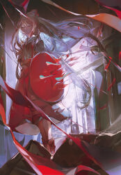 Rule 34 | 1girl, :|, absurdres, bow, chinese commentary, closed eyes, closed mouth, commentary, expressionless, eyelashes, facing viewer, floating hair, fujiwara no mokou, full body, grey hair, hair bow, heigeni, highres, holding, holding shield, long hair, red footwear, red skirt, shield, shirt, skirt, solo, standing, suspender skirt, suspenders, touhou, very long hair, white bow, white shirt