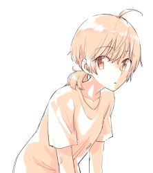 Rule 34 | 1girl, ahoge, artist name, bent over, collarbone, highres, koito yuu, looking afar, nyamo, open mouth, shirt, short hair, short sleeves, simple background, solo, t-shirt, twintails, upper body, white background, yagate kimi ni naru