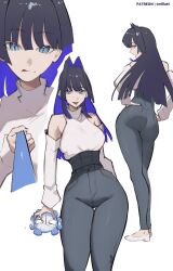 Rule 34 | ass, black hair, blue eyes, blue hair, blue pants, breasts, colored inner hair, denim, detached sleeves, hair intakes, high-waist pants, highres, hololive, jeans, long hair, medium breasts, multicolored hair, o22no, official alternate hairstyle, ouro kronii, ouro kronii (casual), pants, sweater tucked in, thick thighs, thigh gap, thighs, virtual youtuber, wide hips