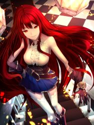 Rule 34 | 1girl, bad id, bad pixiv id, bare shoulders, belt, boots, checkered floor, gloves, hand on own hip, limeblock, long hair, looking at viewer, orange eyes, original, pleated skirt, red hair, skirt, sleeveless, smile, solo, stairs, thighhighs, very long hair, white thighhighs