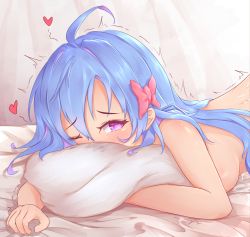 Rule 34 | 1girl, absurdres, ahoge, azur lane, blue hair, bow, breast press, breasts, commentary, cum on back, english commentary, face in pillow, hair bow, hair intakes, heart, heart-shaped pupils, helena (azur lane), highres, implied sex, kyl490, medium breasts, medium hair, nude, one eye closed, pillow, pink bow, purple eyes, solo, symbol-shaped pupils, tearing up, top-down bottom-up, trembling
