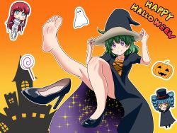 Rule 34 | 3girls, absurdres, blue eyes, blue hair, blush, candy, cape, drill hair, feet, food, green hair, halloween, hat, highres, lollipop, long hair, multiple girls, nush advance, original, purple eyes, red hair, shoes, smile, soles, toes, witch hat, yellow eyes