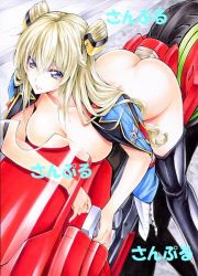 Rule 34 | 1girl, ass, bent over, black footwear, blonde hair, blue eyes, boots, breasts, cleavage, closed mouth, code geass, code geass: boukoku no akito, collarbone, cone hair bun, hair between eyes, hair bun, large breasts, leila malcal, long hair, looking at viewer, marker (medium), motor vehicle, motorcycle, nude, on motorcycle, riding, sample watermark, shiny footwear, smile, solo, straddling, thigh boots, thighhighs, traditional media, very long hair, watermark, yqgkg