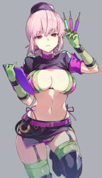 Rule 34 | 1girl, belt, bikini, black footwear, black hat, black skirt, boots, braid, braided ponytail, breasts, cleavage, clipboard, elbow gloves, fate/grand order, fate (series), florence nightingale (fate), florence nightingale (trick or treatment) (fate), folded ponytail, garrison cap, gloves, green bikini, green gloves, green thighhighs, hat, highres, large breasts, layered bikini, long hair, looking at viewer, miniskirt, navel, pink hair, purple belt, purple bikini, red eyes, revealing clothes, short sleeves, shrug (clothing), skirt, solo, swimsuit, syringe, thigh boots, thighhighs, thighhighs under boots, vivi (eve no hakoniwa)