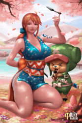 Rule 34 | 1boy, 1girl, alternate costume, bare arms, bare shoulders, breasts, cleavage, curvy, happy, hip focus, holding, holding weapon, iury padilha, japanese clothes, kimono, kneeling, kunai, kunoichi, large breasts, legs, long hair, low ponytail, nami (one piece), nami (one piece) (wano), navel, ninja, official alternate costume, one piece, open mouth, orange eyes, orange hair, outdoors, ponytail, reindeer, short kimono, smile, sword, tail, tattoo, thick thighs, thighs, tongue, tony tony chopper, very long hair, weapon, wide hips