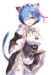 Rule 34 | 10s, 1girl, absurdres, animal ears, apron, blue eyes, blue hair, blush, bow, breasts, cat ears, cat tail, cleavage, cleavage cutout, clothes lift, clothing cutout, detached sleeves, dress, dress lift, frills, gairou (takakuan), garter straps, hair ornament, hair over one eye, hair ribbon, has bad revision, has downscaled revision, highres, kemonomimi mode, large breasts, lifted by self, looking at viewer, maid, maid headdress, md5 mismatch, no panties, open mouth, re:zero kara hajimeru isekai seikatsu, rem (re:zero), resolution mismatch, ribbon, short hair, simple background, solo, source smaller, tail, thighhighs, waist apron, white background, white bow, white thighhighs, x hair ornament