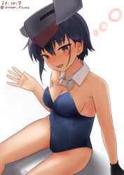 Rule 34 | 1girl, absurdres, animal ears, asymmetrical hair, black hair, blue leotard, bow, bowtie, brown eyes, covered navel, drunk, fake animal ears, hair between eyes, haruno plum, highres, i-14 (kancolle), kantai collection, leotard, looking at viewer, neckerchief, open mouth, playboy bunny, rabbit ears, short hair, sitting, smile, solo, squeans, strapless, strapless leotard, traditional bowtie, wrist cuffs