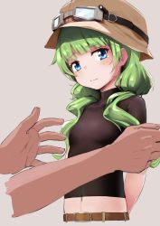 Rule 34 | 1girl, absurdres, ash arms, belt, blue eyes, blush, commentary request, goggles, green hair, hat, highres, long hair, looking away, momo (higanbana and girl), navel, shirt, simple background, solo, tears, tight shirt
