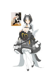 Rule 34 | 1girl, :&lt;, absurdres, animal ears, apron, bahao diqiu, black dress, black footwear, blush, breasts, cat, cat ears, cat girl, cat tail, chest strap, cleavage, cleavage cutout, clothing cutout, commentary, dress, feathered wings, full body, high heels, highres, large breasts, looking at viewer, low wings, maid apron, multicolored hair, orange eyes, original, pantyhose, petticoat, photo (medium), photo inset, reference inset, see-through, see-through apron, short hair, simple background, solo, standing, standing on one leg, streaked hair, tail, tray, white background, white hair, white pantyhose, wings