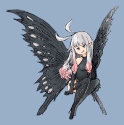 Rule 34 | 1girl, :p, anne (bravely second), antenna hair, black gloves, black leotard, black thighhighs, blue background, blue eyes, boots, bravely default (series), bravely second: end layer, elbow gloves, fairy, fairy wings, gloves, grey hair, leotard, long hair, pointy ears, simple background, sitting, smile, solo, thigh boots, thighhighs, tongue, tongue out, wings