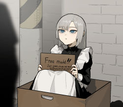 Rule 34 | 1girl, apron, black dress, blue eyes, box, brick wall, buttons, cardboard box, closed mouth, commentary, dress, english commentary, english text, gogalking, grey hair, highres, holding, holding sign, in box, in container, knees up, long hair, long sleeves, looking up, maid, maid (gogalking), maid apron, original, outdoors, parted bangs, pole, sidelocks, sign, sitting, solo focus, utility pole