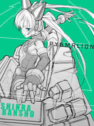 Rule 34 | 1girl, bodysuit, character name, copyright name, expressionless, green background, green eyes, hairband, headgear, in container, long hair, lowres, monochrome, outstretched arm, pygmalion, pygmalion (shinrabanshou), shinrabanshou, simple background, solo, twintails, very long hair