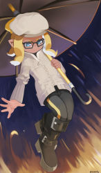 Rule 34 | 1girl, 2019, belt, black footwear, blonde hair, blue eyes, boots, closed mouth, dark skin, floating, frown, glasses, hat, highres, holding, holding umbrella, long sleeves, miamelly, nintendo, octoling, octoling girl, octoling player character, solo, splatoon (series), sweater, tentacle hair, umbrella