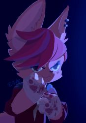 Rule 34 | 1girl, :3, animal ears, bandaged hand, bandages, blood, blood on hands, blue background, blue eyes, character name, earrings, fox ears, fox girl, fox tail, furrification, furry, furry female, gradient background, highres, hood, hood down, jacket, jewelry, league of legends, multicolored hair, pink fur, pink hair, purple hair, red jacket, smile, solo, swept bangs, tail, two-tone hair, upper body, vi (league of legends), zhai wuya