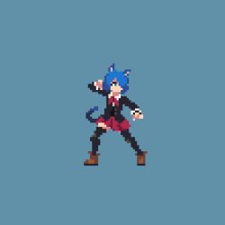 Rule 34 | 1girl, animal ears, animated, attack, black shirt, black thighhighs, blue hair, boots, bow, bowtie, cat ears, cat girl, cat tail, jtangc, kicking, one step from eden, pixel art, red skirt, school uniform, selicy (one step from eden), shirt, skirt, tail, thighhighs, video
