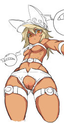 Rule 34 | 1girl, :&lt;, arc system works, belt, belt bra, blonde hair, breasts, crotchless, dark skin, familiar, from below, functionally nude, guilty gear, guilty gear xrd, hat, long hair, looking at viewer, lucifero (guilty gear), pubic hair, pussy, ramlethal valentine, short shorts, shorts, simple background, tagme, thigh strap, uncensored, underboob, white background