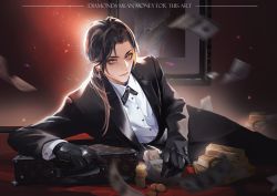 Rule 34 | 1boy, axis powers hetalia, banknote, black bow, black bowtie, black hair, bow, bowtie, brown eyes, china (hetalia), coin, cuffs, dollar bill, english text, gloves, gold bar, highres, leather, leather gloves, long hair, louis vuitton (brand), lying, male focus, money, on side, ponytail, portrait (object), skkfeijin, sleeve cuffs, stack, suitcase, tuxedo
