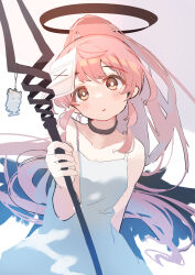 Rule 34 | 1girl, absurdres, ahoge, arm behind back, bare arms, bare shoulders, black choker, black halo, blush, bright pupils, brown eyes, chibi, choker, collarbone, dress, halo, hand up, heavy spear (evangelion), high ponytail, highres, holding, holding weapon, charm (object), kurosu aroma, long hair, looking at viewer, mass production eva, paper, paper on head, parted lips, pink hair, ponytail, pretty series, priority9, pripara, shiratama mikan, silhouette, sketch, sleeveless, sleeveless dress, solo, spaghetti strap, staff, upper body, very long hair, weapon, white background, white dress