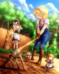 Rule 34 | 2girls, adapted costume, alice margatroid, black shirt, black skirt, blonde hair, blue overalls, boots, broom, bush, clear sky, doll, farming, fence, forest, gloves, hairband, hat, kirisame marisa, long hair, multiple girls, nature, overalls, scarf, shanghai doll, shimizu pem, shirt, short hair, skirt, sky, touhou, tree, witch hat, wooden fence