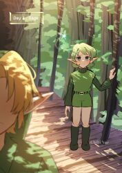 Rule 34 | 1boy, 1girl, artist name, blonde hair, blue eyes, boots, chibi nur, day, english text, green footwear, green hair, green hat, green shorts, green sweater, green tunic, hat, highres, link, nintendo, outdoors, pointy ears, ribbed sweater, saria (zelda), shorts, sweater, the legend of zelda, the legend of zelda: ocarina of time, tree, tunic, turtleneck, turtleneck sweater