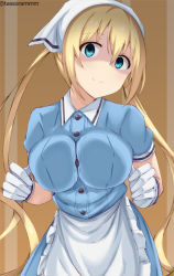 Rule 34 | 1girl, apron, bad id, bad pixiv id, blend s, blonde hair, blue eyes, blue shirt, blue skirt, breast press, brown background, closed mouth, commentary request, frilled apron, frills, gloves, hair between eyes, head scarf, head tilt, hinata kaho, long hair, looking at viewer, shaded face, shirt, short sleeves, sidelocks, simple background, skirt, smile, solo, tasora, twintails, twitter username, uniform, very long hair, waist apron, waitress, white apron, white gloves