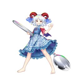 Rule 34 | 1girl, barefoot, blue dress, blue ribbon, curled horns, curly hair, dress, full body, game cg, grin, highres, holding, holding spork, horn ornament, horn ribbon, horns, looking at viewer, red eyes, red horns, red sleeves, ribbon, rotte (1109), sharp teeth, short hair, simple background, smile, solo, spork, teeth, third-party source, touhou, touhou lostword, toutetsu yuuma, white background, white hair
